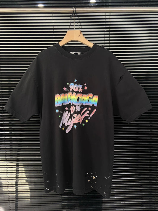 Balenciaga Rainbow Logo Damaged Vintage Short Sleeves