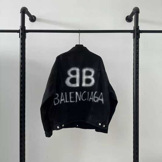 Balenciaga FW21 Night Glow Graffiti Double B Printed Washed Old denim jacket
