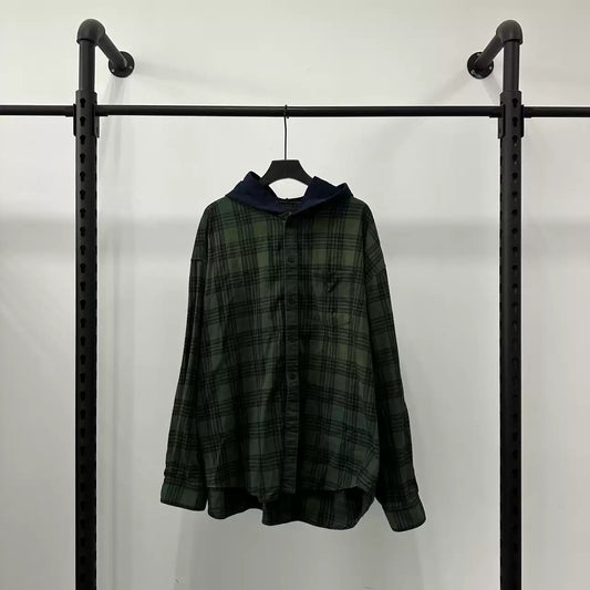 Balenciaga SS23 Embroidered logo plaid hooded long sleeved shirt on chest