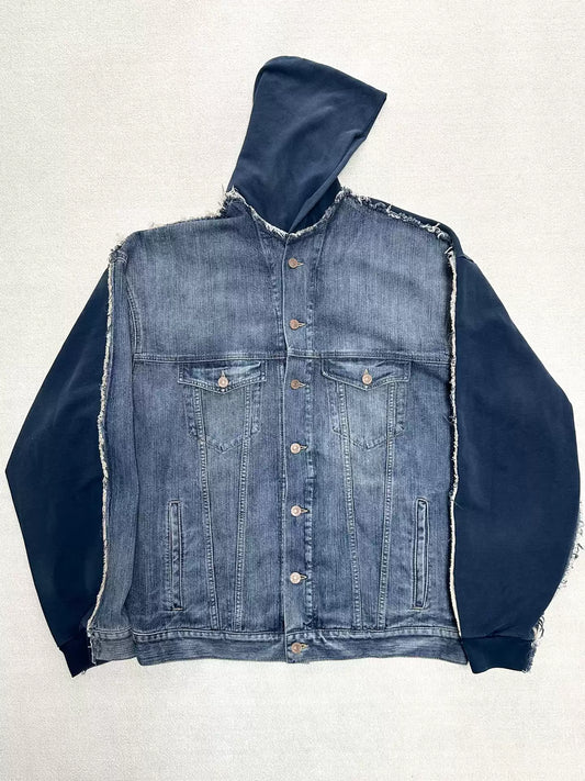 Balenciaga 23ss patchwork denim distressed and dirty dyed denim hooded jacket