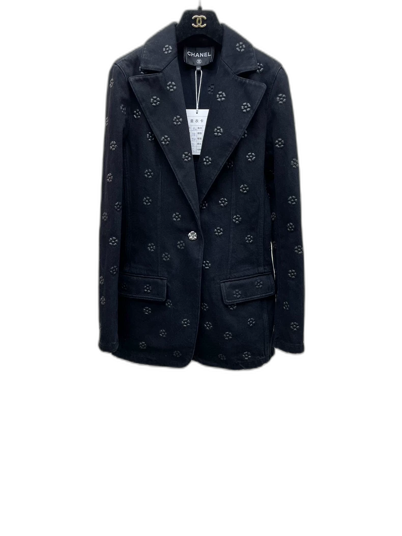 Chanel Black Camellia Denim Blazer