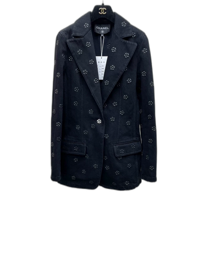 Chanel Black Camellia Denim Blazer