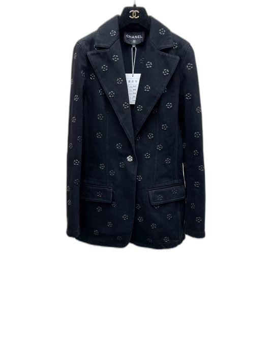 Chanel Black Camellia Denim Blazer
