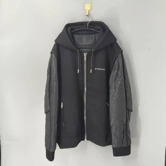 Givenchy Black Zip-Up Jacket with Leather Sleeves-yf