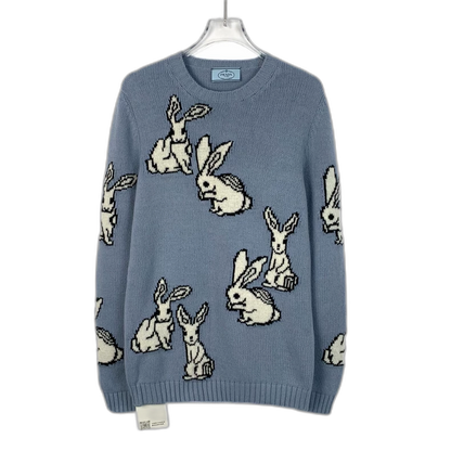 Prada Blue Rabbit Pattern Knit Sweater