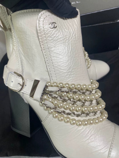 Chanel Pearl Chain High Heel Booties