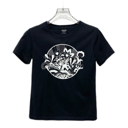 Hermes Black Floral Print Cotton T-Shirt