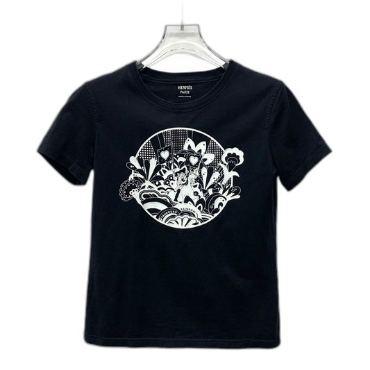 Hermes Black Floral Print Cotton T-Shirt