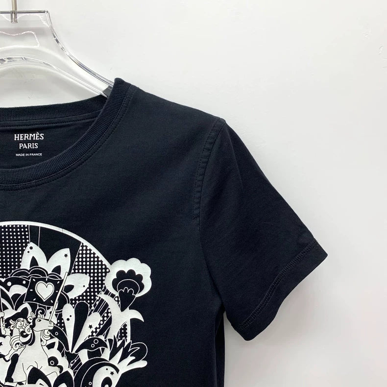Hermes Black Floral Print Cotton T-Shirt