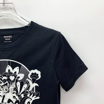 Hermes Black Floral Print Cotton T-Shirt
