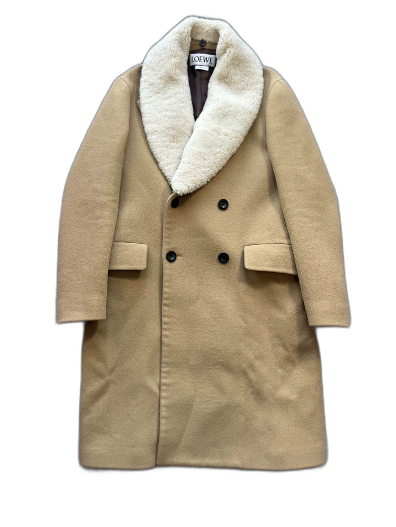 Loewe Khaki Wool Coat with Shearling Collar