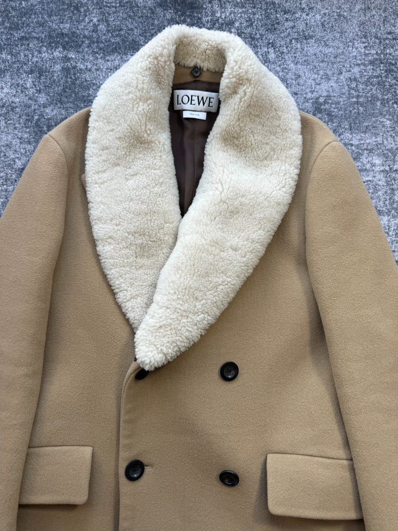 Loewe Khaki Wool Coat with Shearling Collar