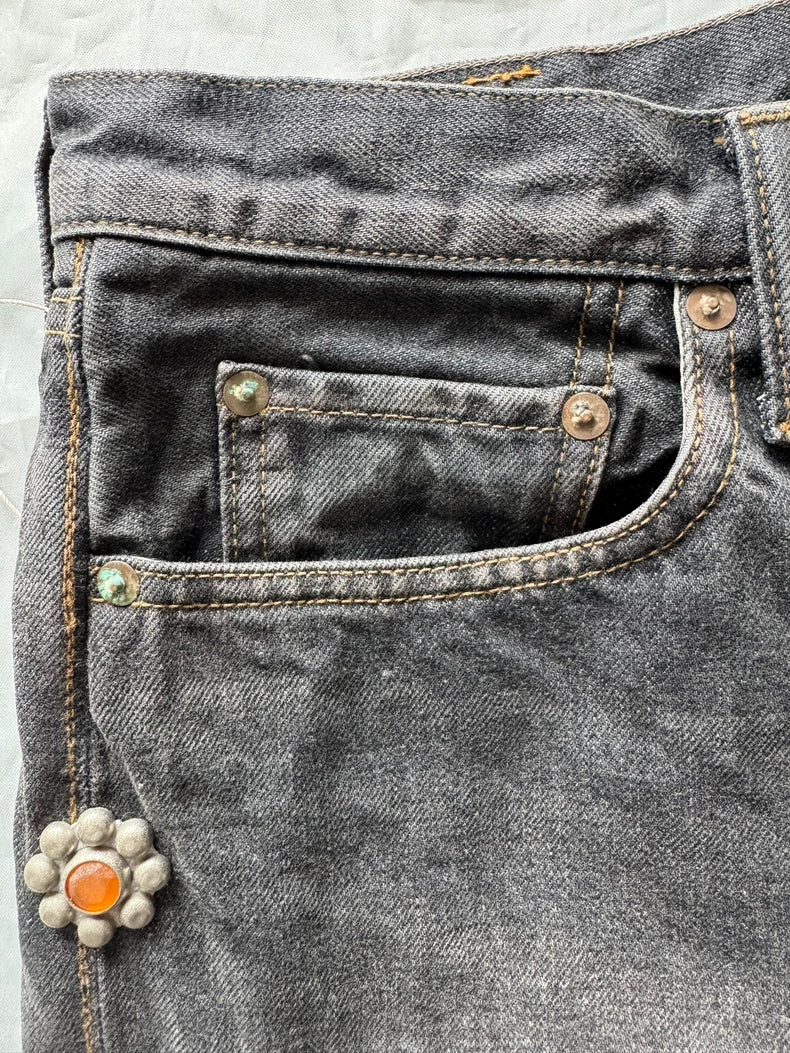 Kapital Black Denim Jeans with Bead Detail