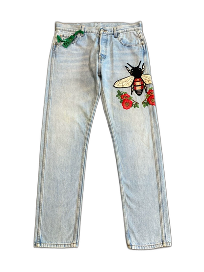 Gucci Bee Embroidered Denim Pants-zp