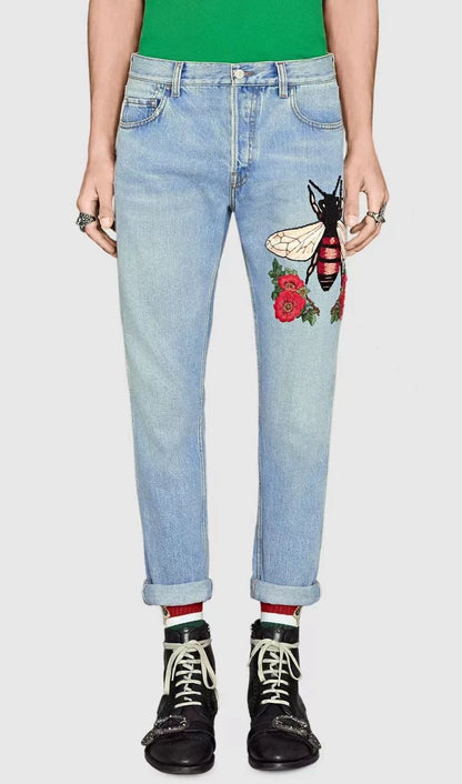Gucci Bee Embroidered Denim Pants-zp