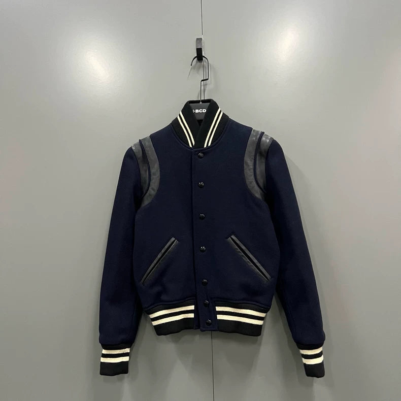 Saint Laurent Navy Leather Baseball Jacket