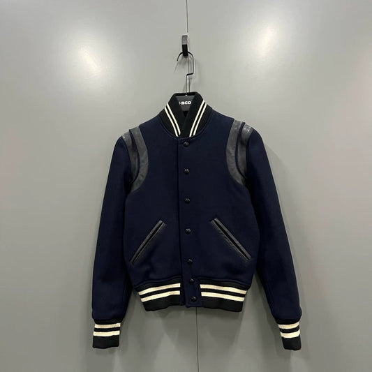 Saint Laurent Navy Leather Baseball Jacket