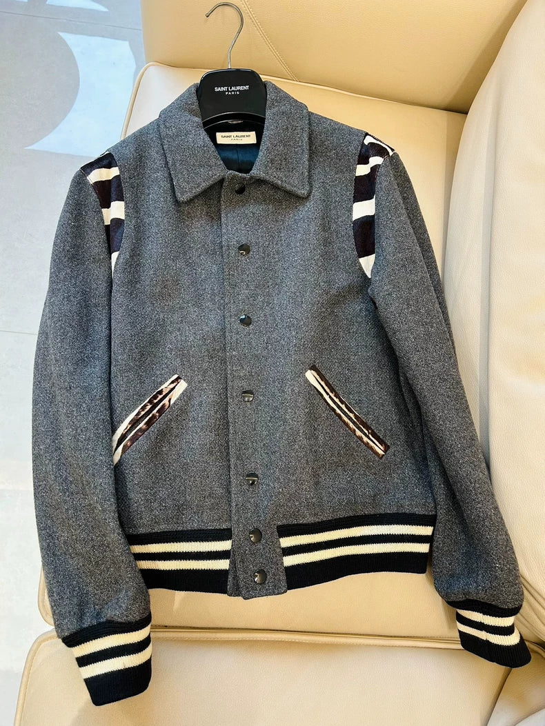 Saint Laurent Grey Zebra Pattern Baseball Jacket