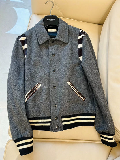 Saint Laurent Grey Zebra Pattern Baseball Jacket