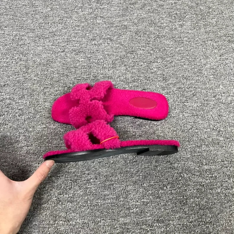Hermes Pink Teddy Slippers Size 38