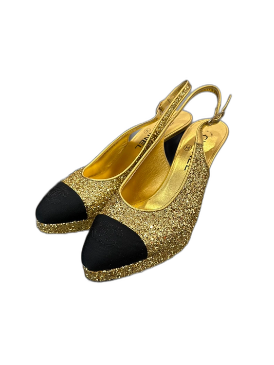 Chanel Gold Glitter Black Heel Shoes