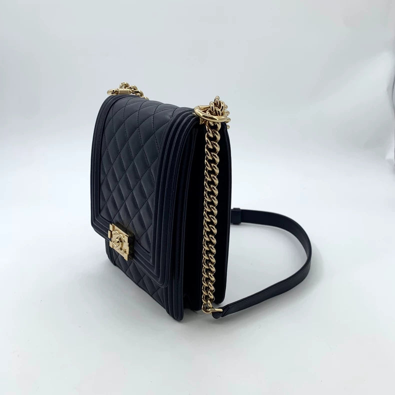 Chanel Deep Blue Boy Bag with Gold Chain
