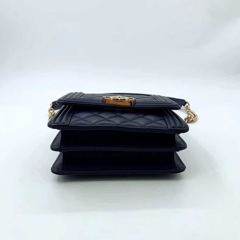 Chanel Deep Blue Boy Bag with Gold Chain