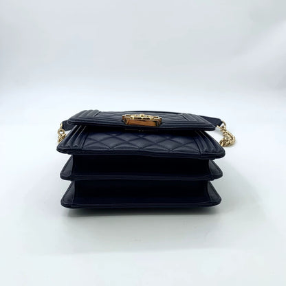 Chanel Deep Blue Boy Bag with Gold Chain