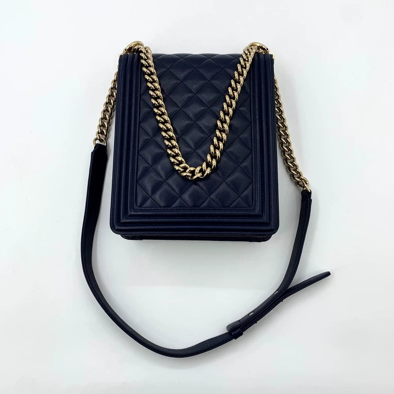 Chanel Deep Blue Boy Bag with Gold Chain