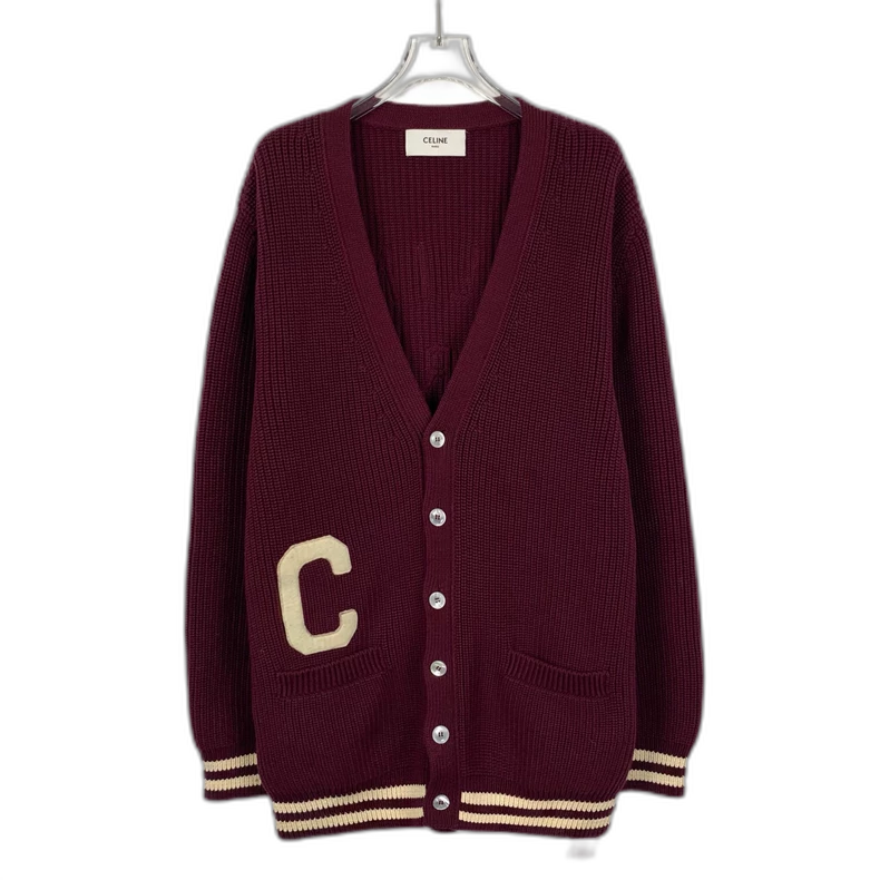 Celine Burgundy Striped Embroidered Knit Cardigan