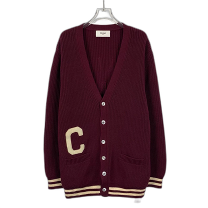 Celine Burgundy Striped Embroidered Knit Cardigan