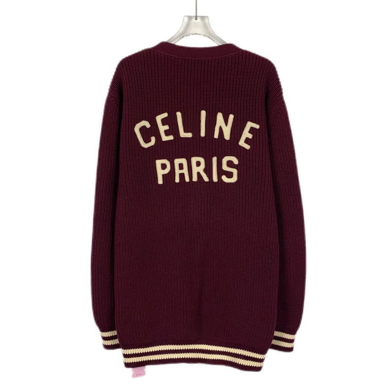 Celine Burgundy Striped Embroidered Knit Cardigan
