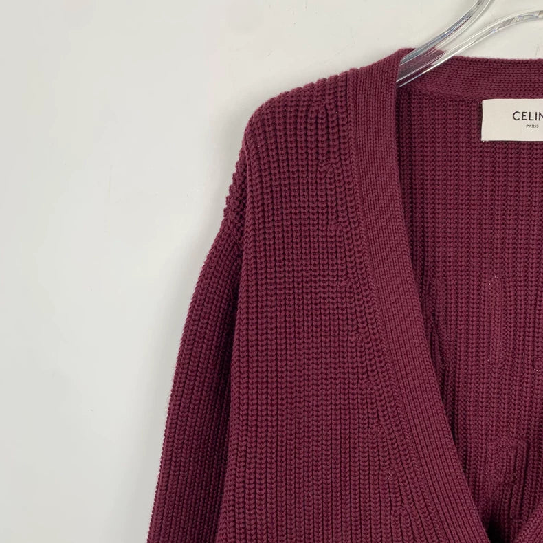Celine Burgundy Striped Embroidered Knit Cardigan
