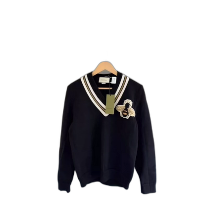 Gucci Black Bee Embroidered V-Neck Sweater