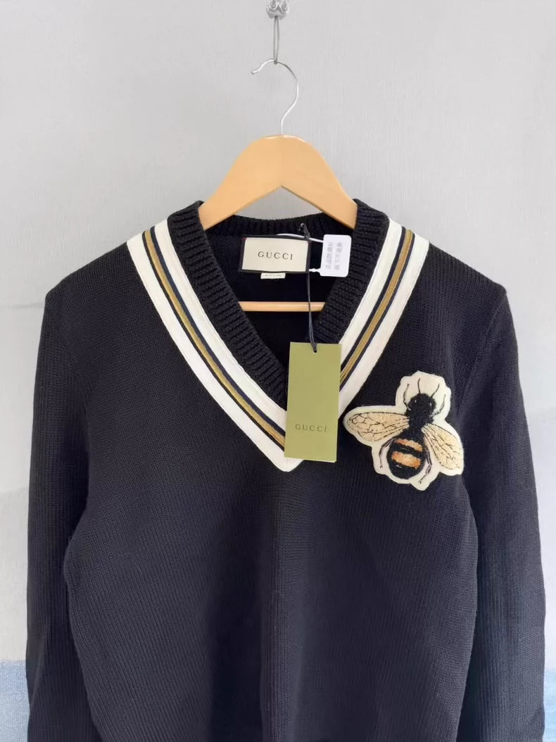 Gucci Black Bee Embroidered V-Neck Sweater