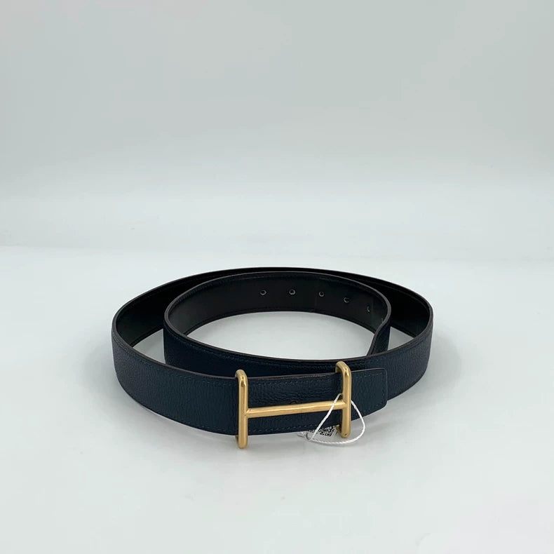 Hermes Black Leather Belt with Gold Buckle