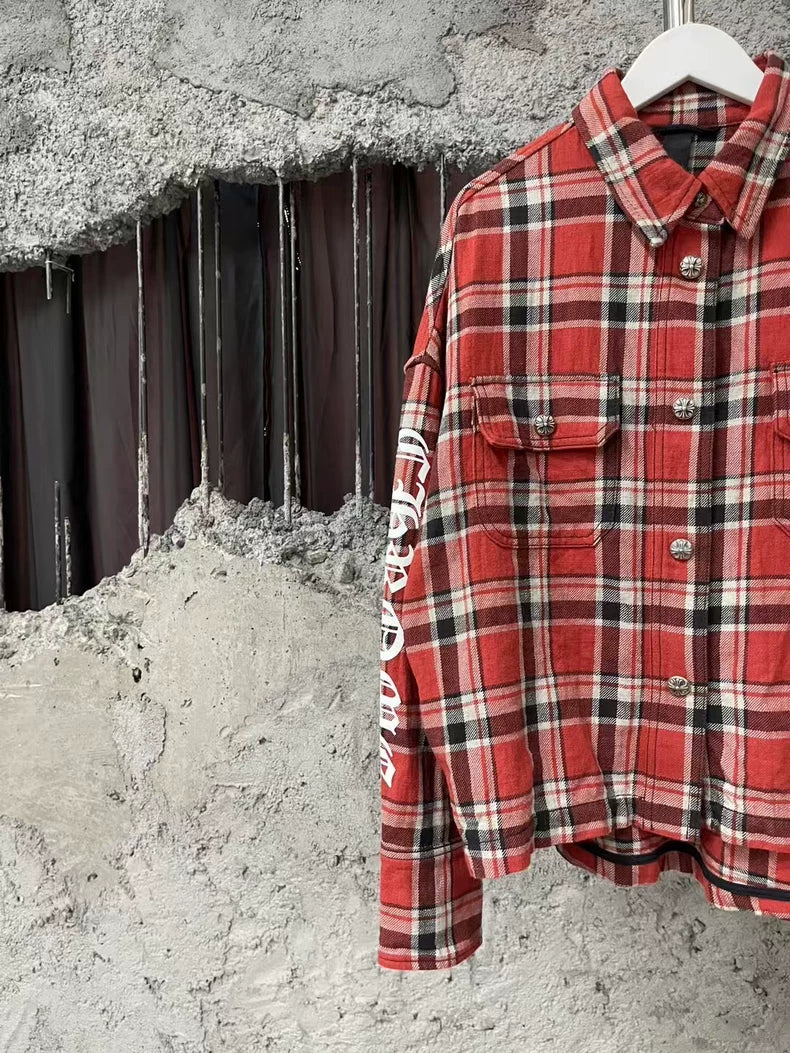 Chrome Hearts Red Plaid Button-Up Shirt