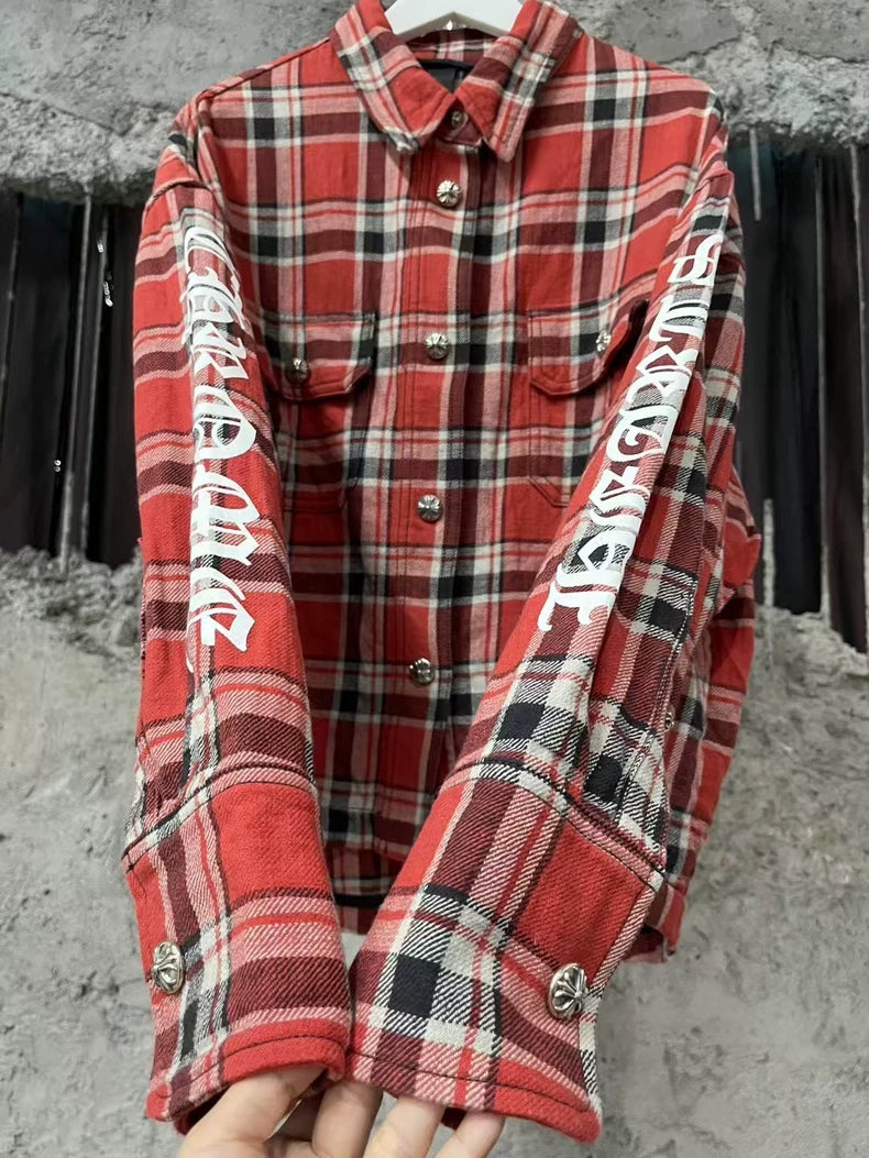 Chrome Hearts Red Plaid Button-Up Shirt