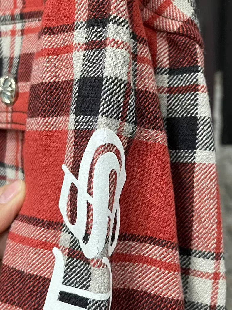 Chrome Hearts Red Plaid Button-Up Shirt