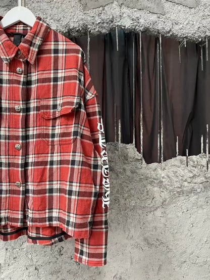 Chrome Hearts Red Plaid Button-Up Shirt