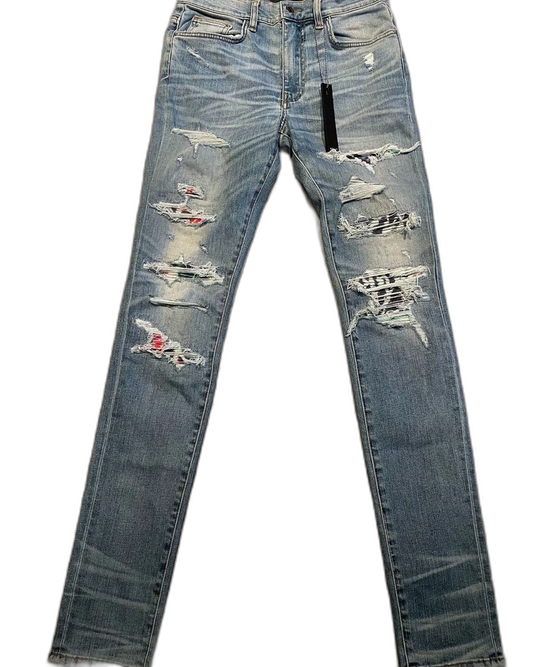 Amiri Blue Watercolor Patchwork Denim Pants