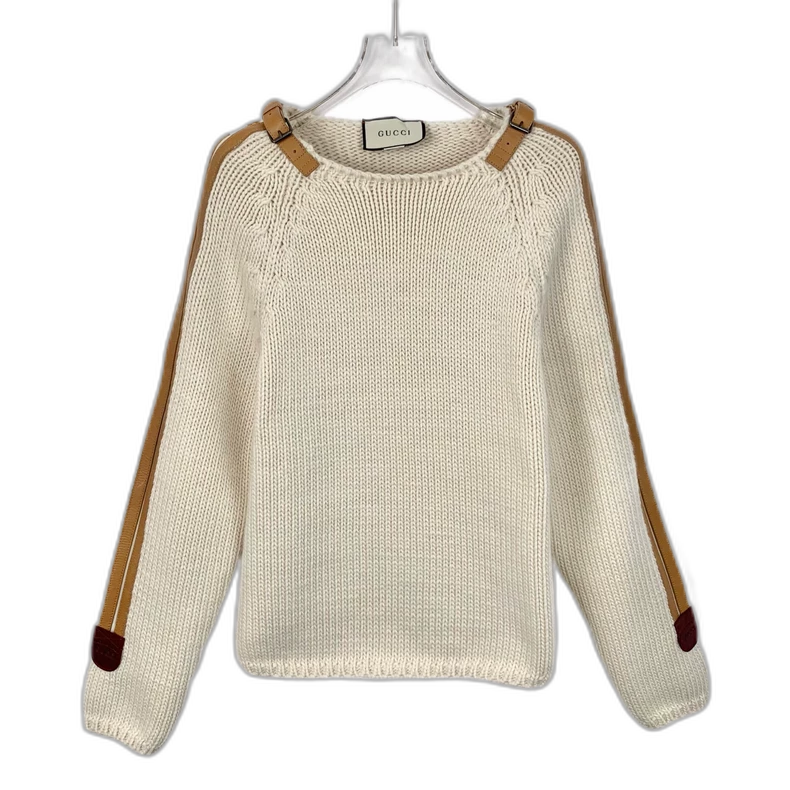 Gucci Beige Wool Knit Sweater with Leather Details
