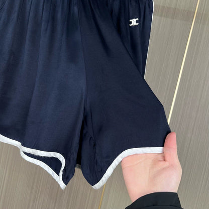 Celine Embroidered Silk Shorts in Navy