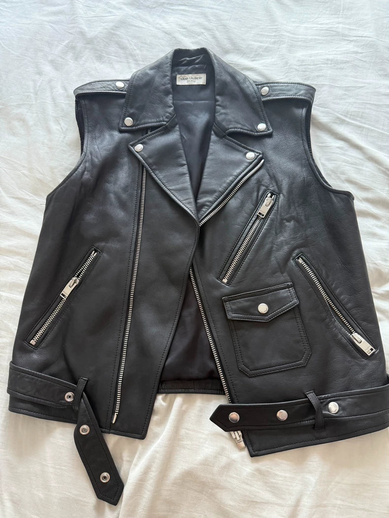 Saint Laurent Black Leather Biker Vest
