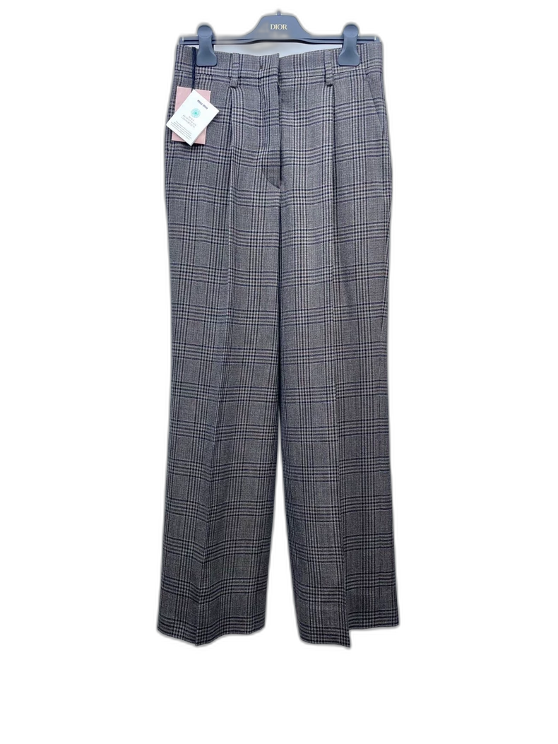 Miimu Check Logo Wool Straight Pants