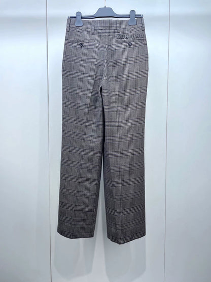 Miimu Check Logo Wool Straight Pants