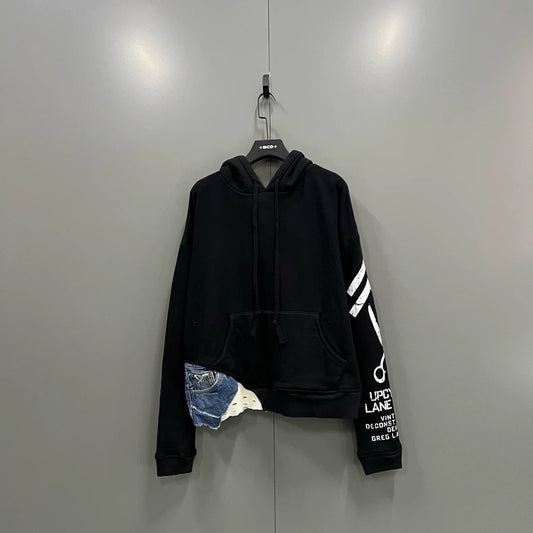 Greg Lauren Fleece Denim Patchwork Hoodie