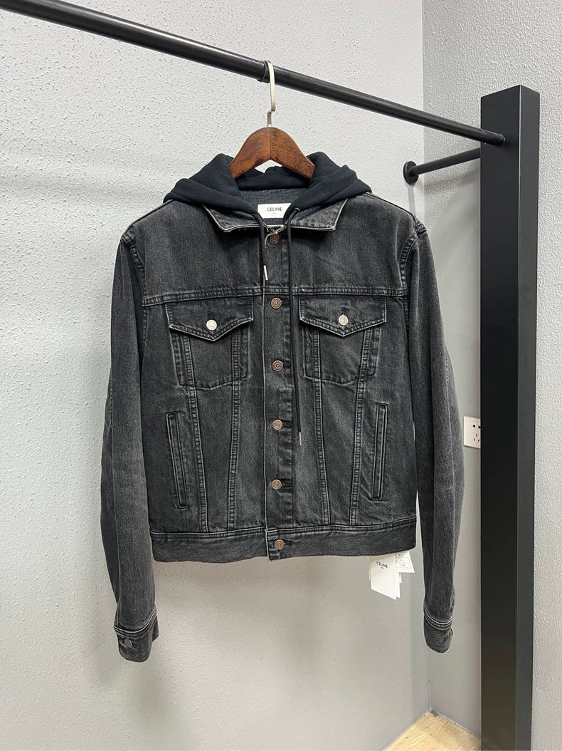 Celine Black Gray Hooded Denim Jacket