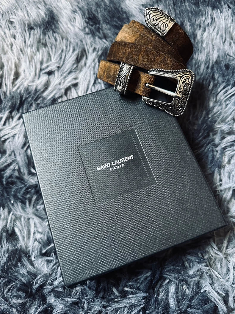 Saint Laurent Leopard Print Suede Belt