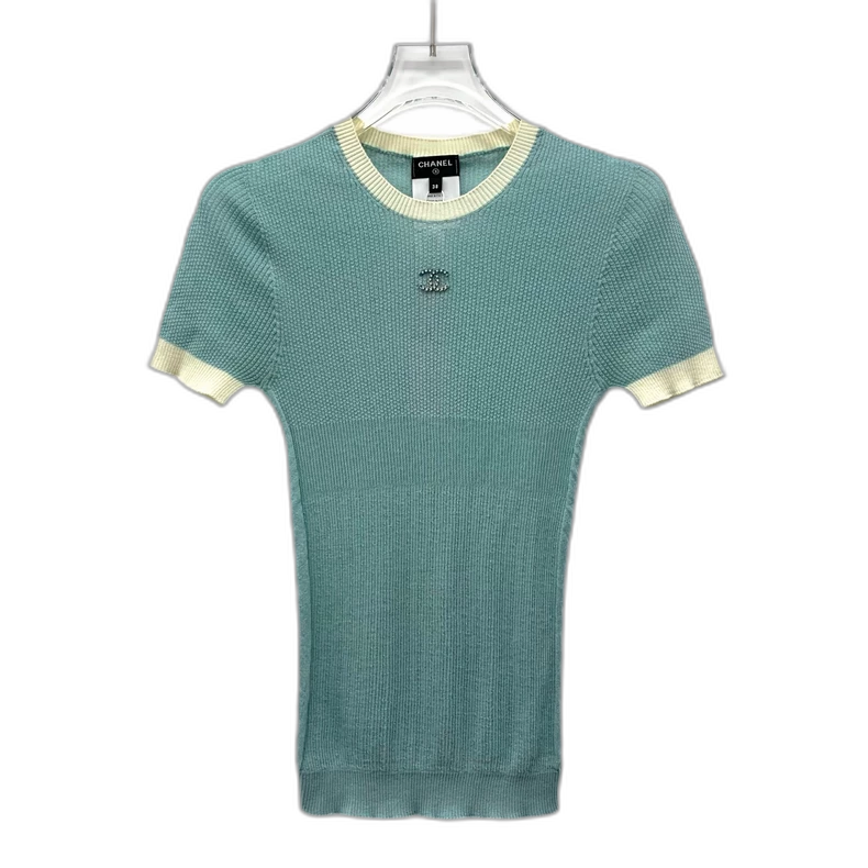 Blue Logo Rhinestone Knit Short Sleeve Shirt